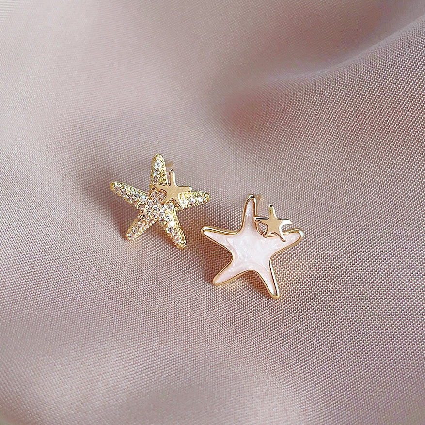 14k gold plated enamel with zircon starfish asymmetrical stud earrings (5 pairs)