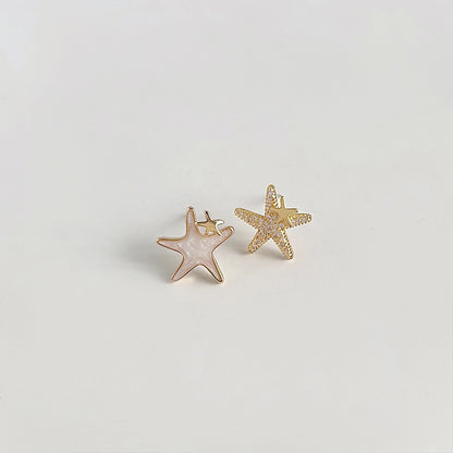 14k gold plated enamel with zircon starfish asymmetrical stud earrings (5 pairs)