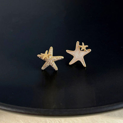 14k gold plated enamel with zircon starfish asymmetrical stud earrings (5 pairs)