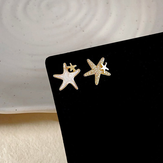 14k gold plated enamel with zircon starfish asymmetrical stud earrings (5 pairs)