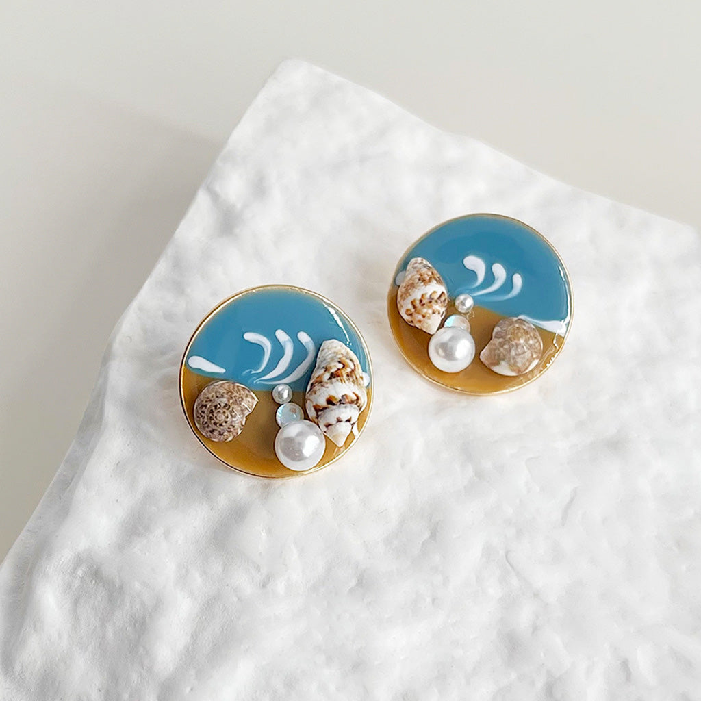 Summer style beach jewelry gold plated enamel natural conch round stud earrings (5 pairs)