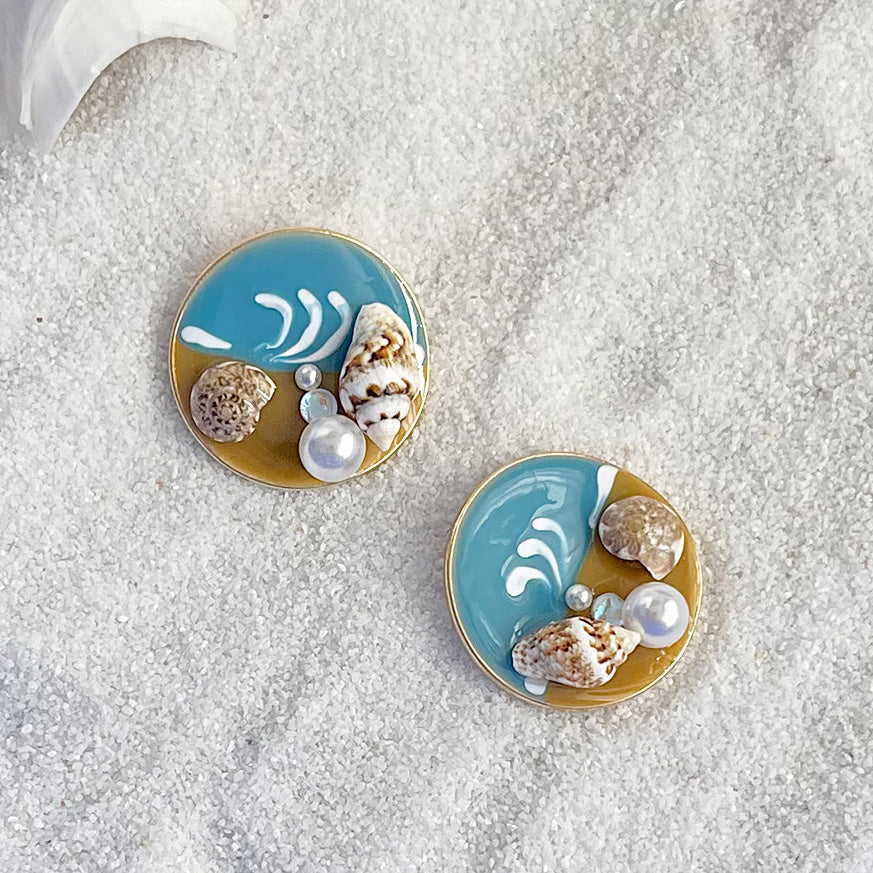 Summer style beach jewelry gold plated enamel natural conch round stud earrings (5 pairs)