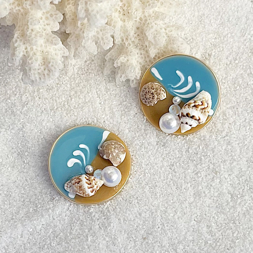 Summer style beach jewelry gold plated enamel natural conch round stud earrings (5 pairs)