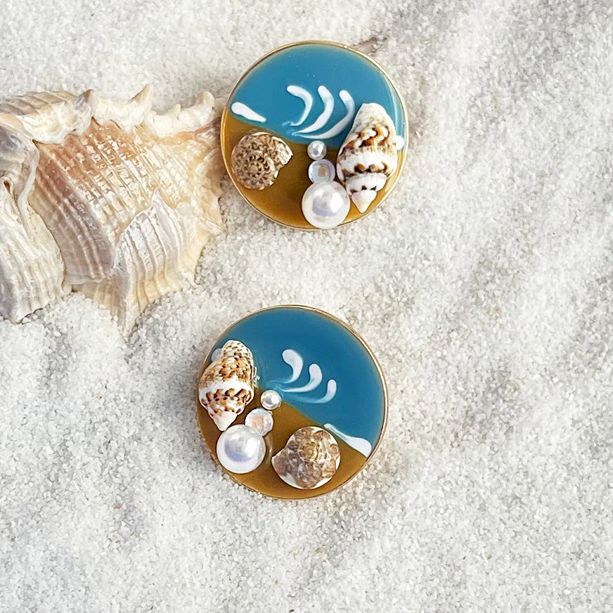 Summer style beach jewelry gold plated enamel natural conch round stud earrings (5 pairs)