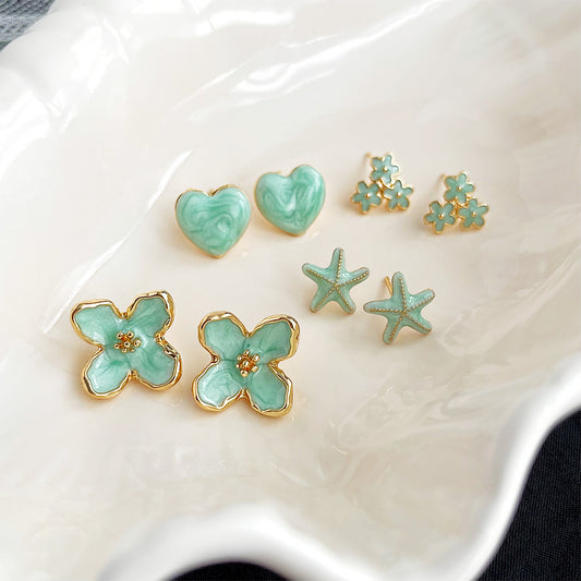 14k gold plated mint green enamel color women daily stud earrings (5 pairs)