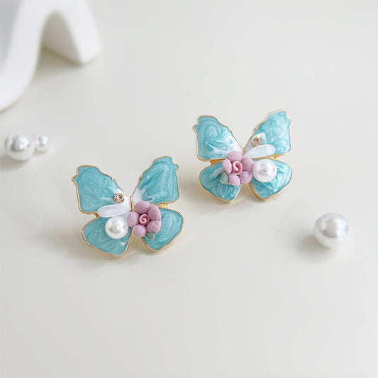 Wholesale gold plated blue enamel handmade pearl butterfly stud earrings (5 pairs)