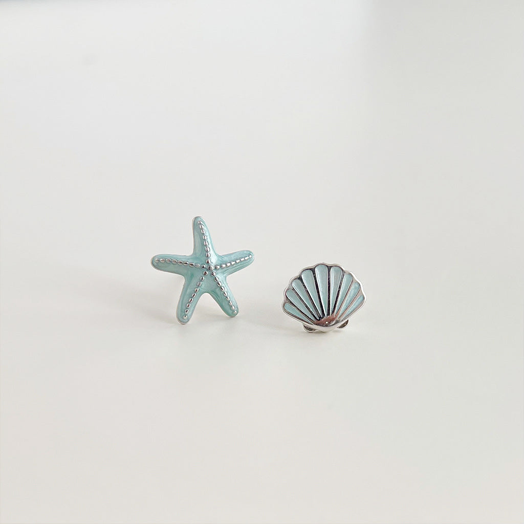 Wholesale silver plated enamel small starfish seashell asymmetrical stud earrings (5 pairs)