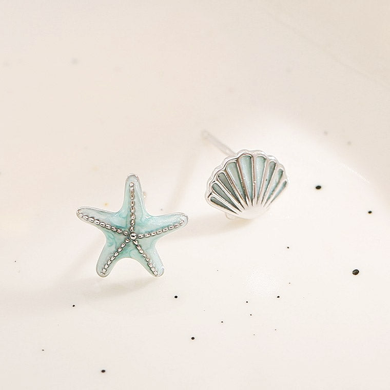 Wholesale silver plated enamel small starfish seashell asymmetrical stud earrings (5 pairs)