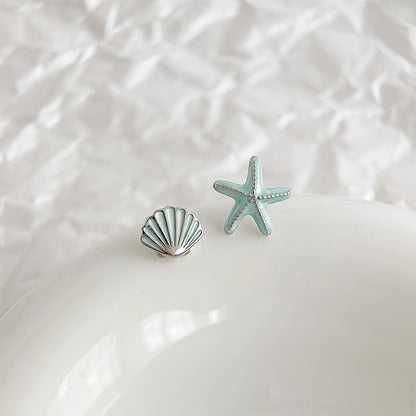 Wholesale silver plated enamel small starfish seashell asymmetrical stud earrings (5 pairs)