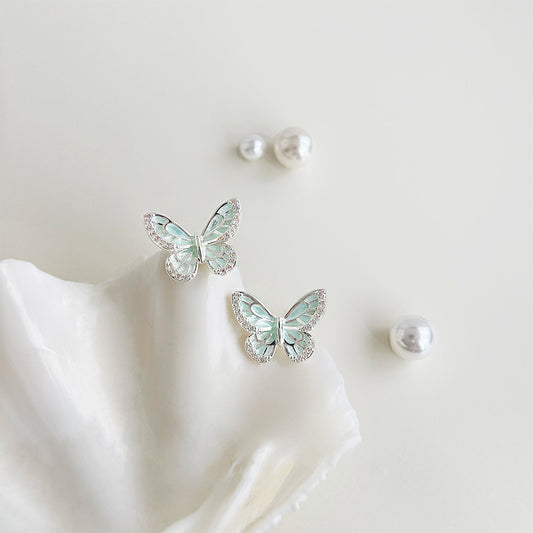 Wholesale silver plated mint green enamel butterfly stud earrings (5 pairs)