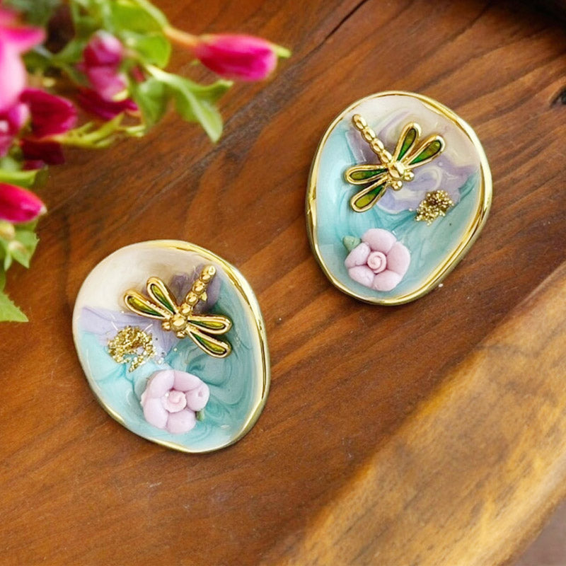 Wholesale painting style gold plated gradient enamel dragonfly stud earrings (5 pairs)