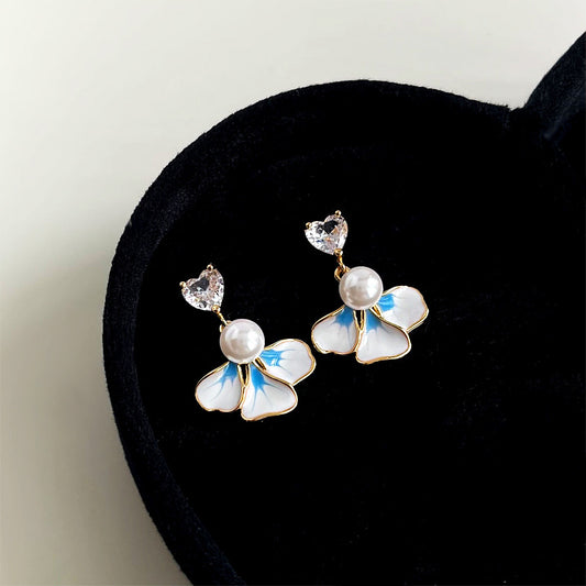 Wholesale 14k gold plated enamel flower with pearl and heart zircon dangle earrings (5 pairs)