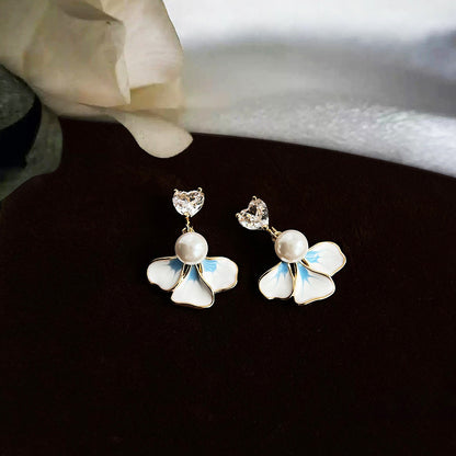 Wholesale 14k gold plated enamel flower with pearl and heart zircon dangle earrings (5 pairs)