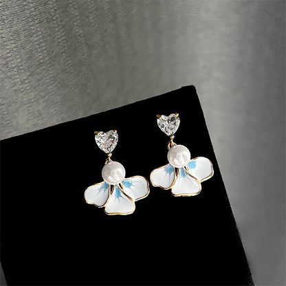 Wholesale 14k gold plated enamel flower with pearl and heart zircon dangle earrings (5 pairs)