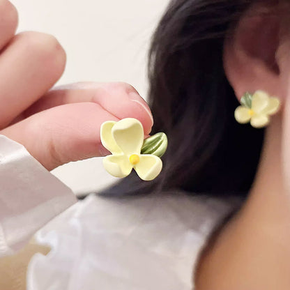 Wholesale yellow enamel 3D Cape Jasmine gardenia flower stud earrings (5 pairs)