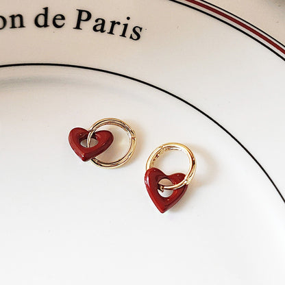 Wholesale two-wearing red enamel heart pendant with gold hoop earrings (5 pairs)