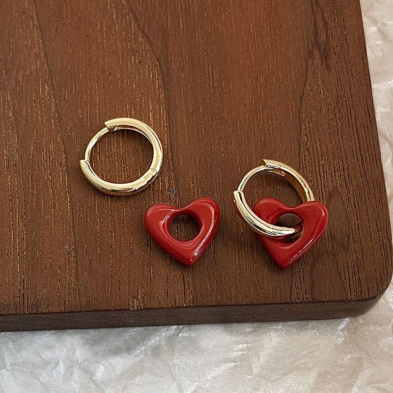 Wholesale two-wearing red enamel heart pendant with gold hoop earrings (5 pairs)