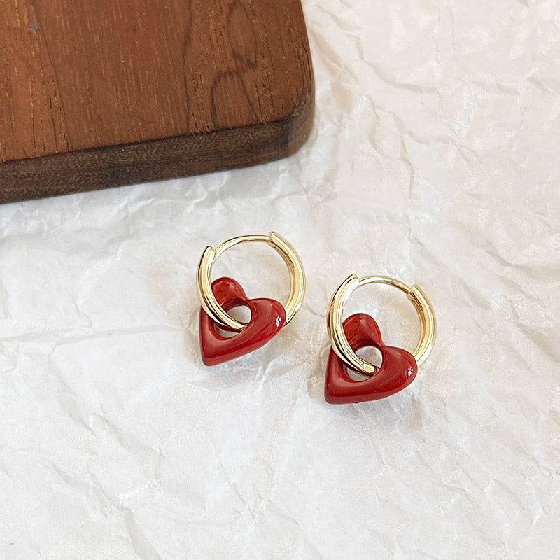 Wholesale two-wearing red enamel heart pendant with gold hoop earrings (5 pairs)