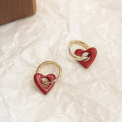 Wholesale two-wearing red enamel heart pendant with gold hoop earrings (5 pairs)