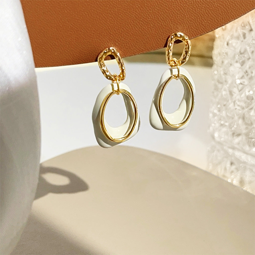 Wholesale geometric overlapping white enamel 14K gold drop earrings (5 pairs)