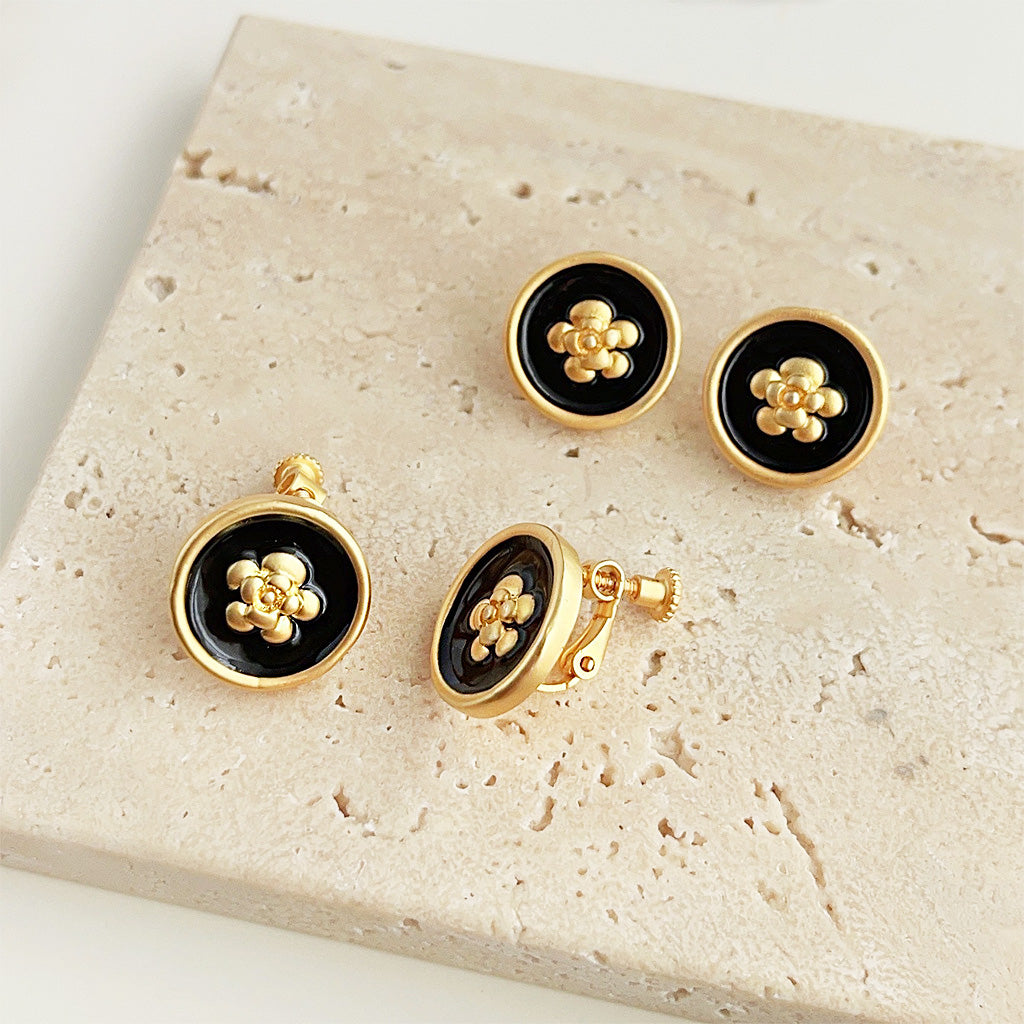 Wholesale 14k gold matte black enamel flower stud and clip earrings (5 pairs)