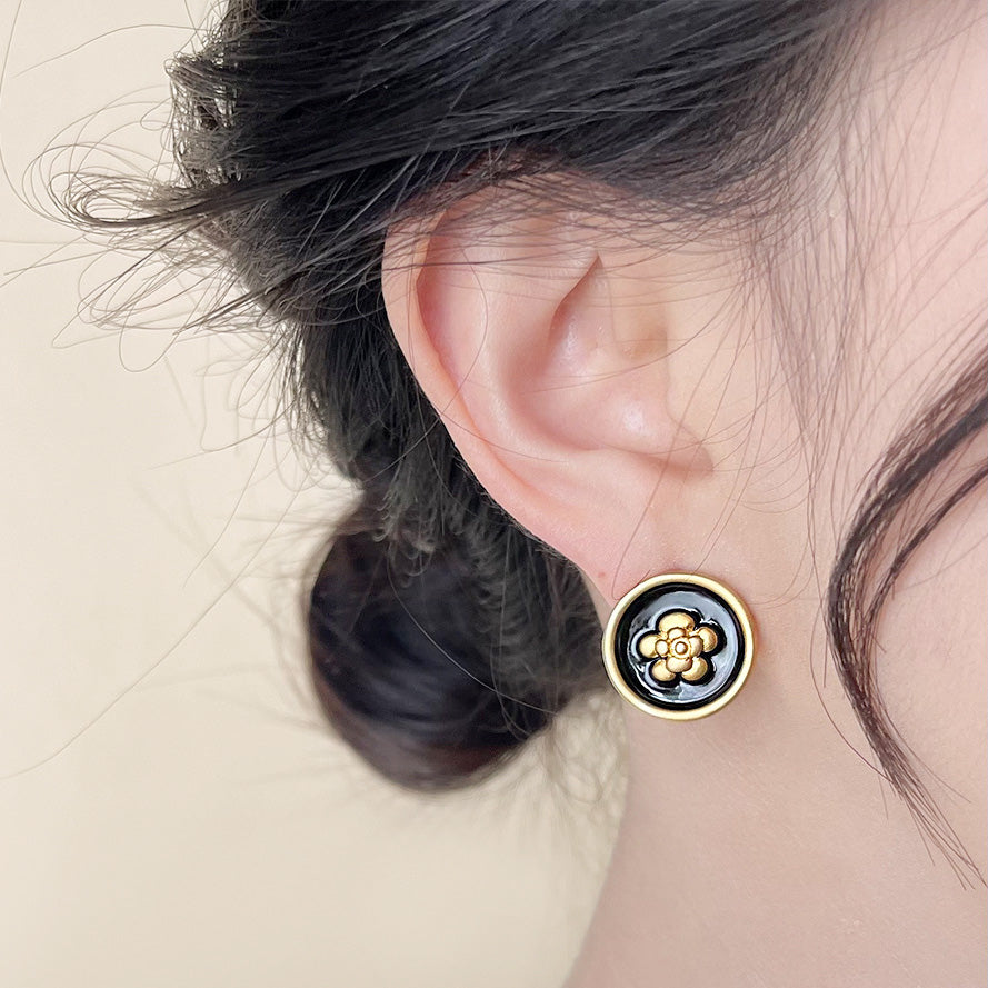 Wholesale 14k gold matte black enamel flower stud and clip earrings (5 pairs)