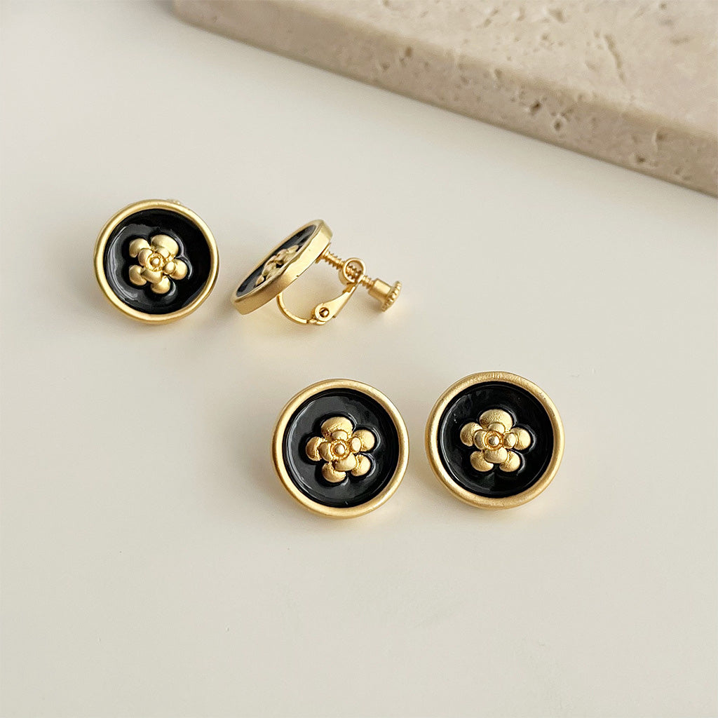 Wholesale 14k gold matte black enamel flower stud and clip earrings (5 pairs)