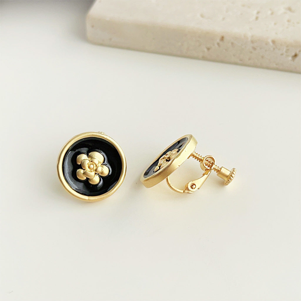 Wholesale 14k gold matte black enamel flower stud and clip earrings (5 pairs)