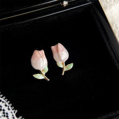 Wholesale brass 14k gold plated gradient enamel tulip flower stud earrings (5 pairs)