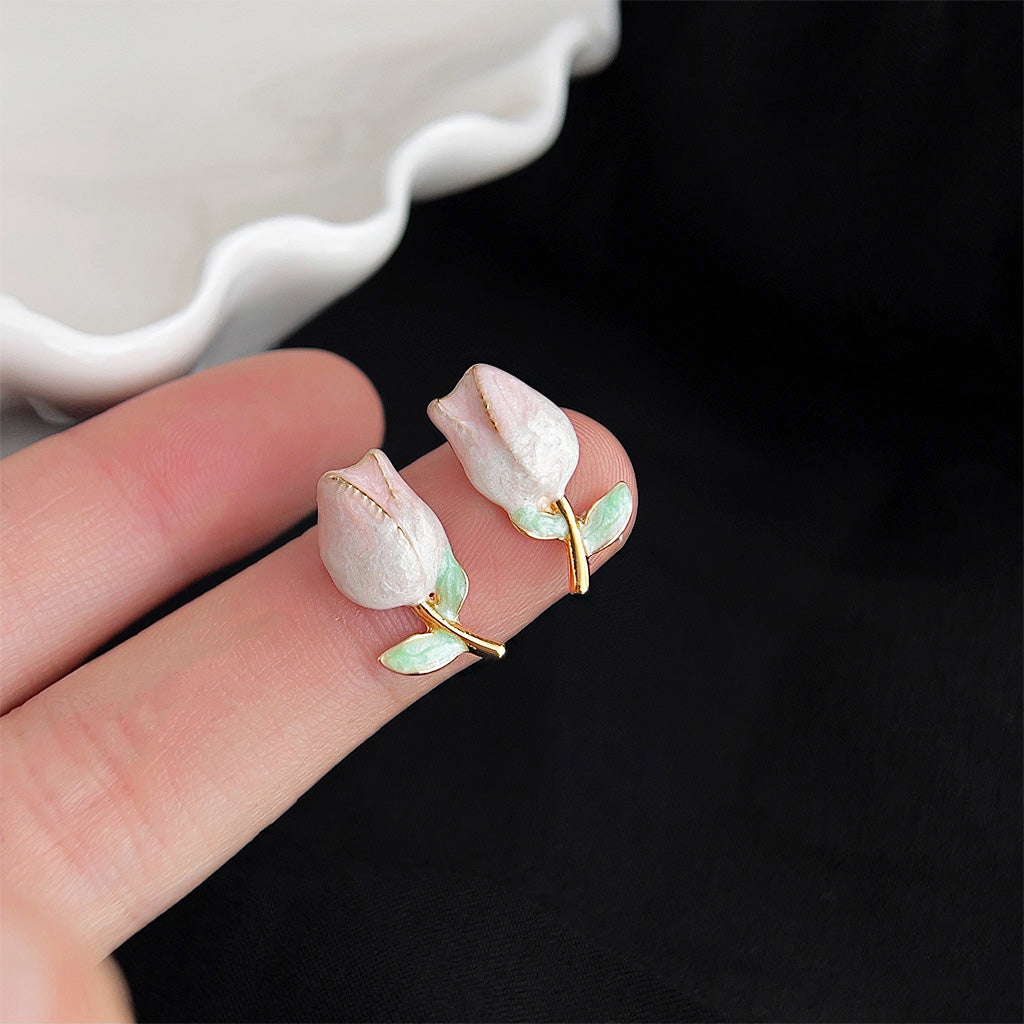 Wholesale brass 14k gold plated gradient enamel tulip flower stud earrings (5 pairs)