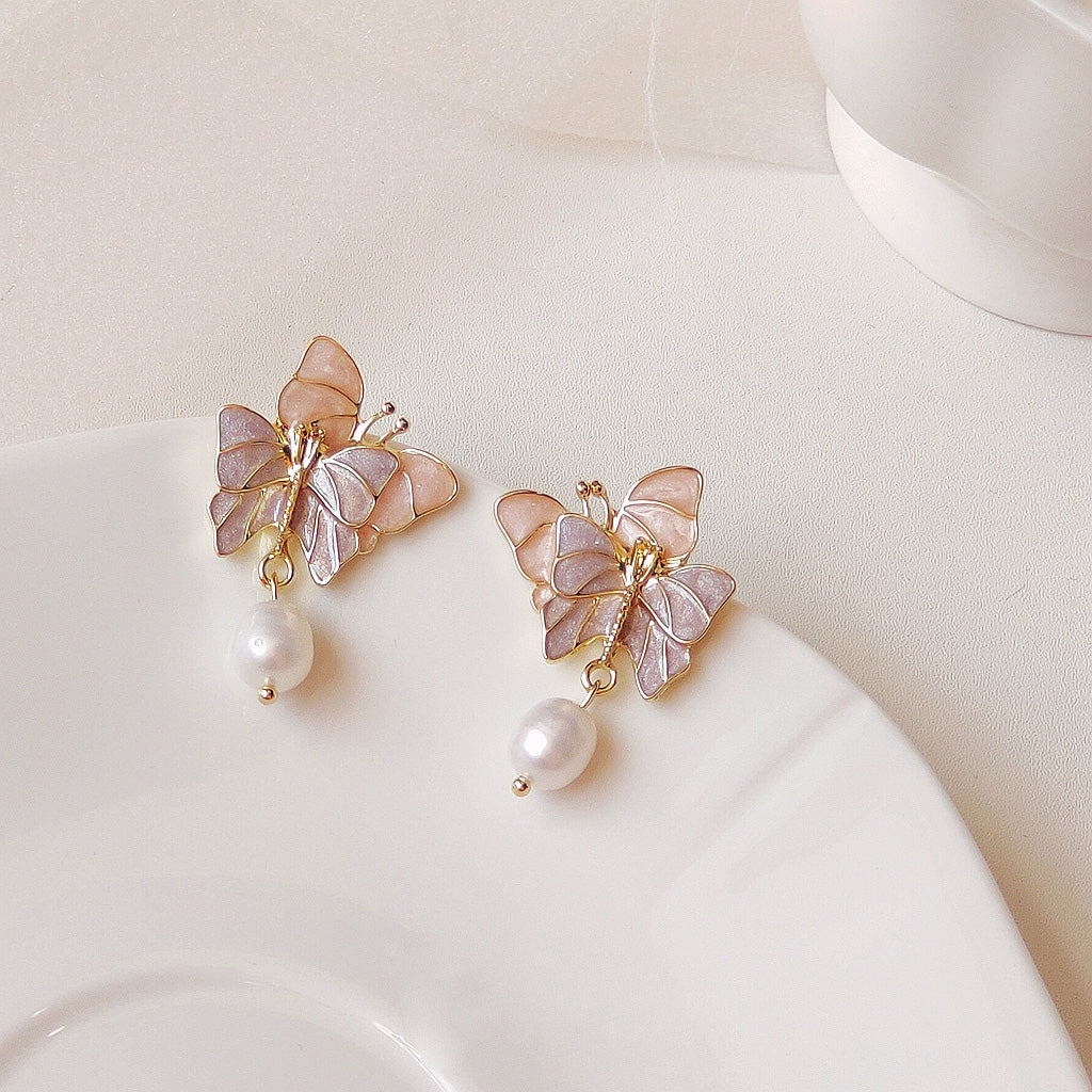 Wholesale brass 14k gold plated enamel double butterfly with freshwater pearl drop earrings (5 pairs)