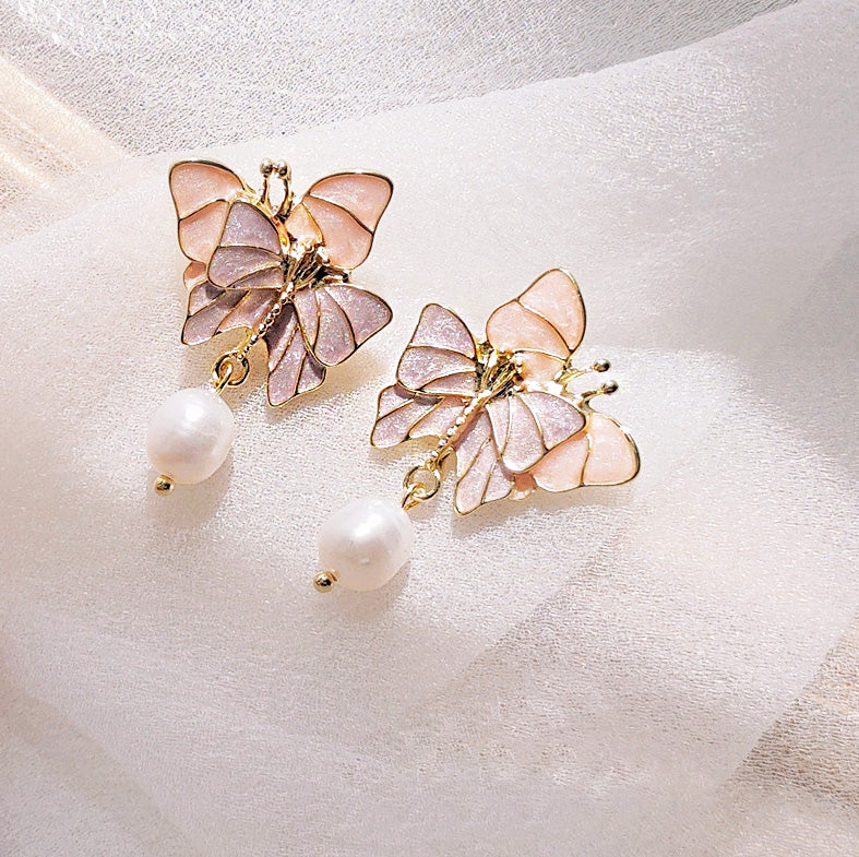 Wholesale brass 14k gold plated enamel double butterfly with freshwater pearl drop earrings (5 pairs)