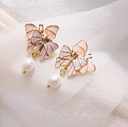 Wholesale brass 14k gold plated enamel double butterfly with freshwater pearl drop earrings (5 pairs)