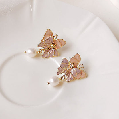 Wholesale brass 14k gold plated enamel double butterfly with freshwater pearl drop earrings (5 pairs)