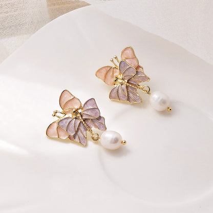 Wholesale brass 14k gold plated enamel double butterfly with freshwater pearl drop earrings (5 pairs)