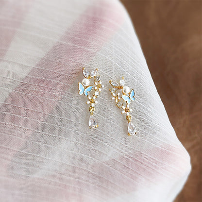 Wholesale 14k gold plated enamel butterfly and flower with zircon pearl drop earrings (5 pairs)