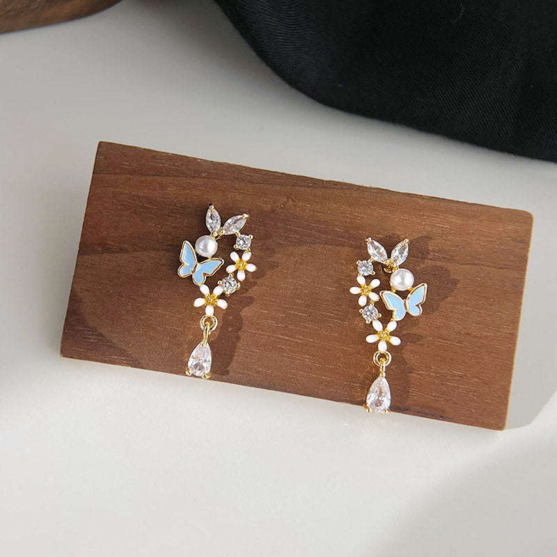 Wholesale 14k gold plated enamel butterfly and flower with zircon pearl drop earrings (5 pairs)