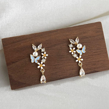 Wholesale 14k gold plated enamel butterfly and flower with zircon pearl drop earrings (5 pairs)