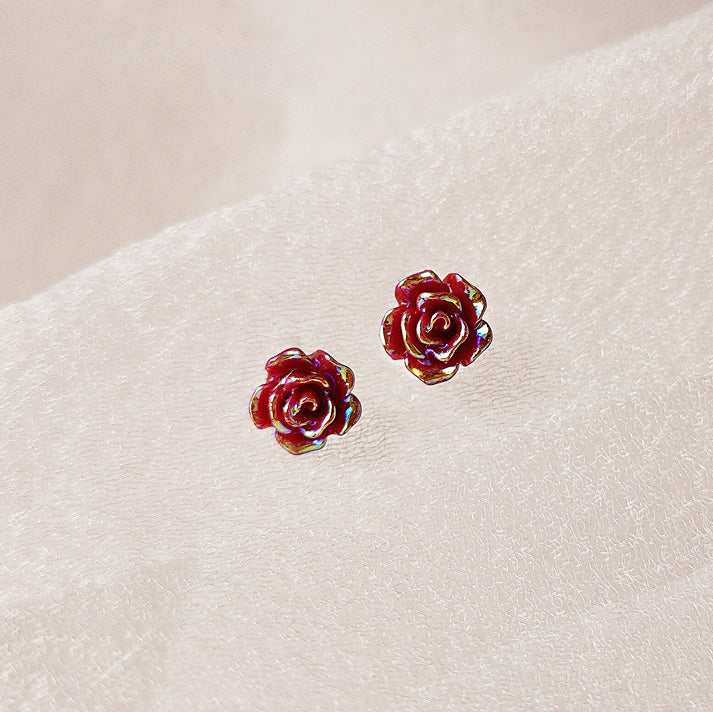 Wholesale mini tiny 3D red resin rose flower stud earrings (5 pairs)