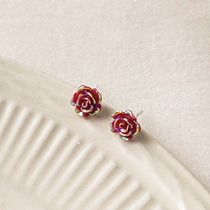 Wholesale mini tiny 3D red resin rose flower stud earrings (5 pairs)