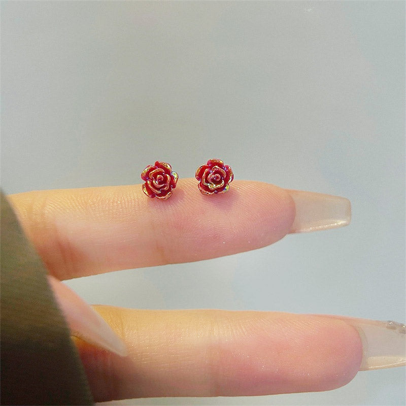 Wholesale mini tiny 3D red resin rose flower stud earrings (5 pairs)