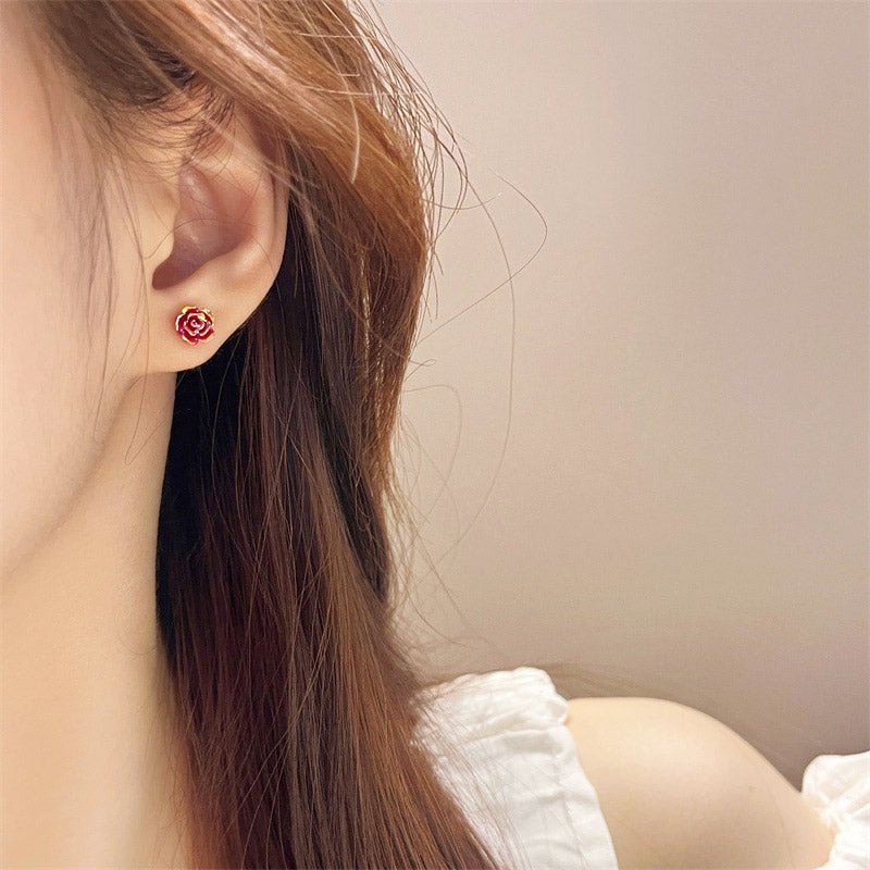 Wholesale mini tiny 3D red resin rose flower stud earrings (5 pairs)