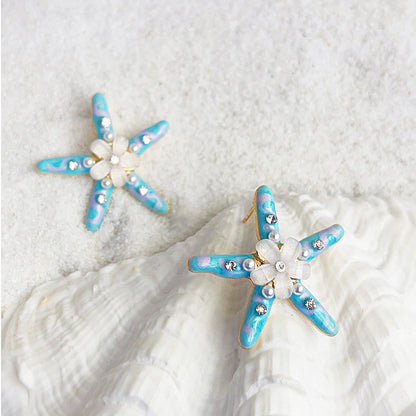 Wholesale handmade enamel starfish with resin flower and pearl stud earrings (5 pairs)