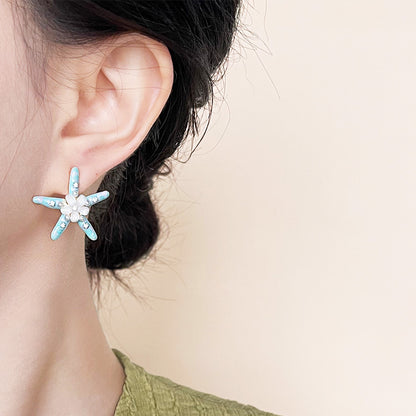 Wholesale handmade enamel starfish with resin flower and pearl stud earrings (5 pairs)