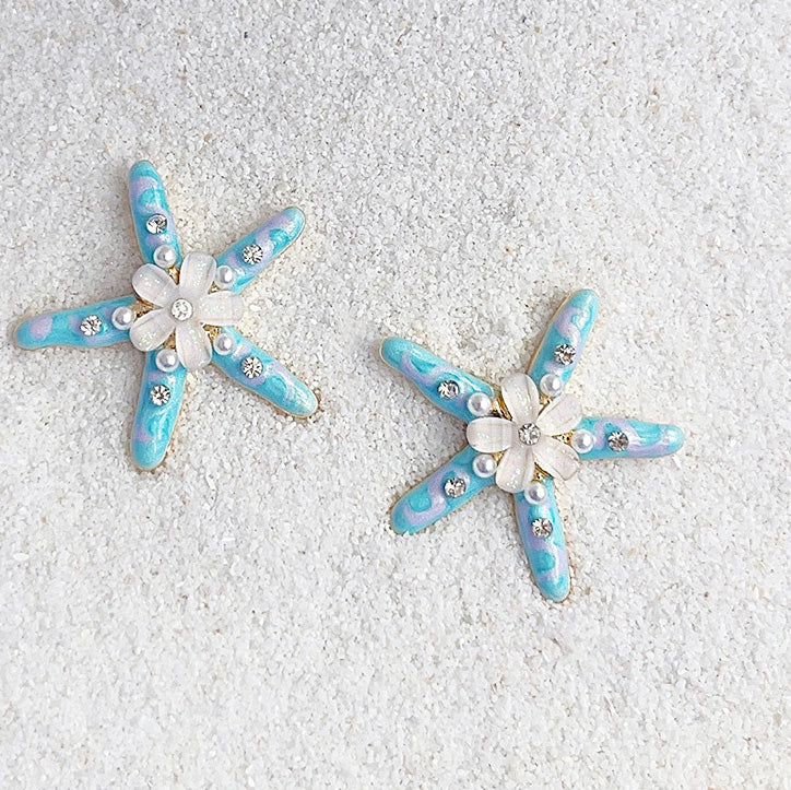 Wholesale handmade enamel starfish with resin flower and pearl stud earrings (5 pairs)