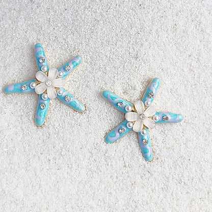 Wholesale handmade enamel starfish with resin flower and pearl stud earrings (5 pairs)