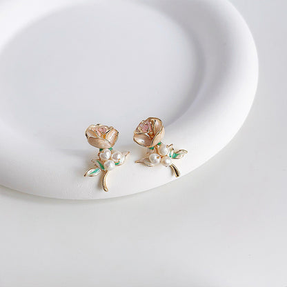 Vintage style 14k gold plated enamel 3D rose flower with pearl stud earrings (5 pairs)