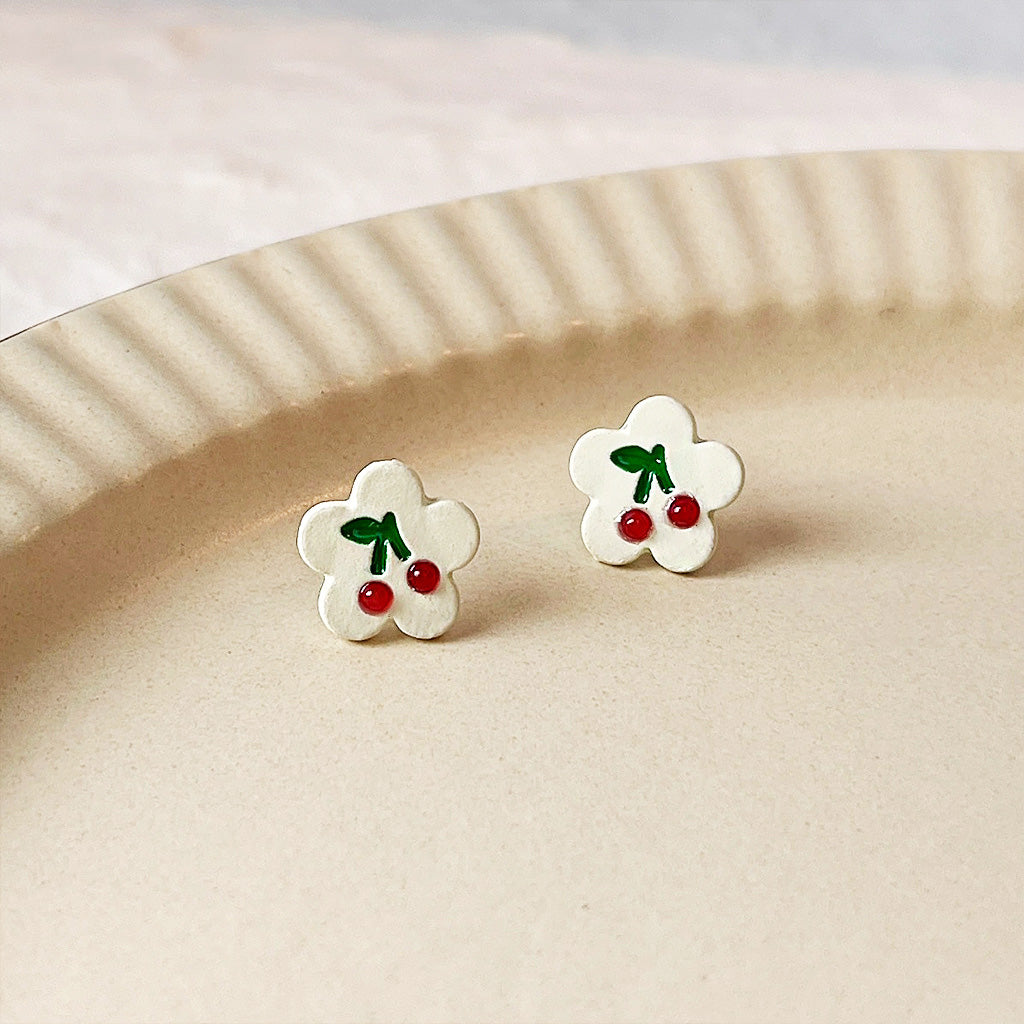 Cute flower shape enamel cherry pattern stud earrings (5 pairs)