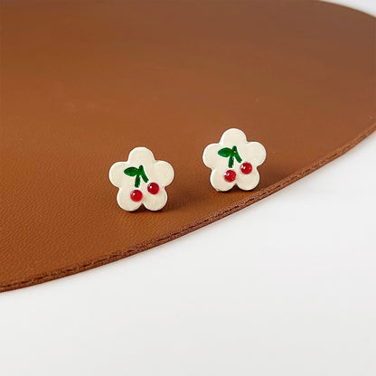 Cute flower shape enamel cherry pattern stud earrings (5 pairs)