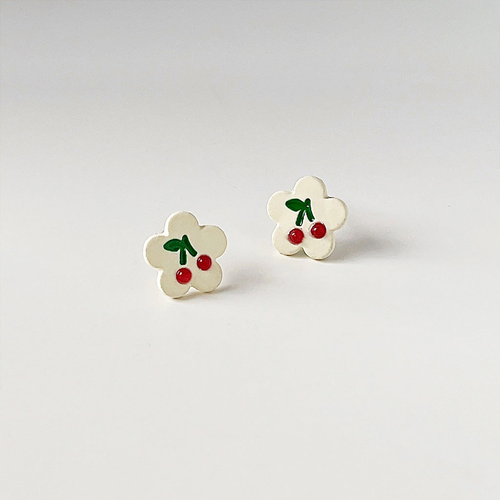 Cute flower shape enamel cherry pattern stud earrings (5 pairs)